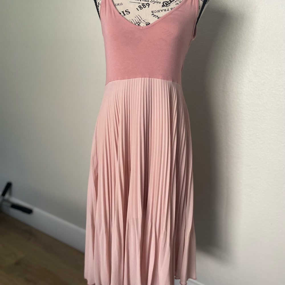 Pink Pleated Midi Swing Dress